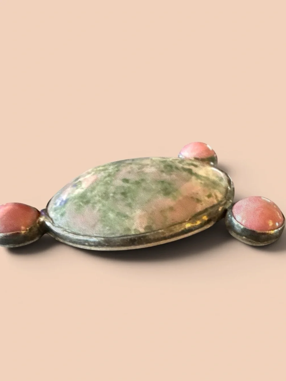Vintage Sterling Silver Style Unakite & Pink Cabochon Statement Pendant